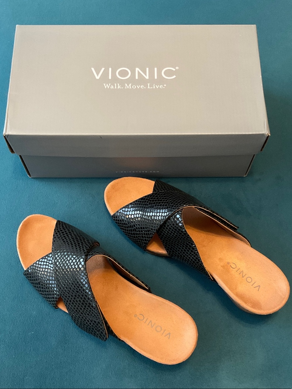 Vionic Leticia Black Crisscross Snake-Embossed Slide Mules